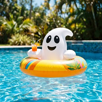 Cheerful ghost shaped pool float relaxing with a tropical drink by a sunny swimming pool