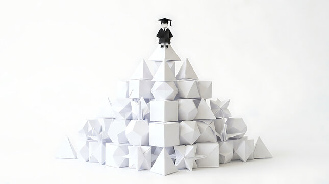 Graduation Cap Figure Standing Atop a Pyramid of Geometric Shapes, Symbolizing Achievement and Success