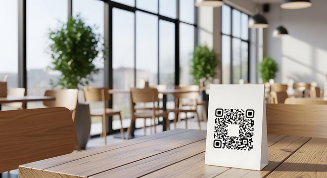 Digital Menu Qr Code on a Wooden Table in a Bright Cafe Interior