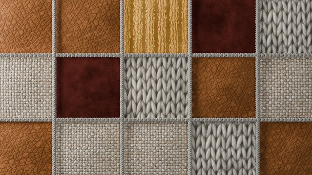 Boho patchwork squares leather knit corduroy textile fabric background closeup ideal for product packaging greeting cards social media backgrounds web banners and interior design mockups