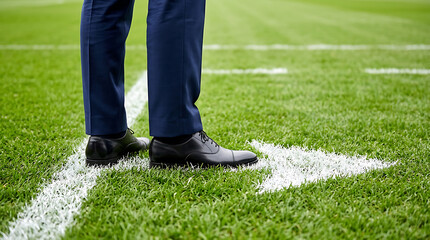 Obraz premium Manager in elegant blue business suit standing on corner line of professional football field