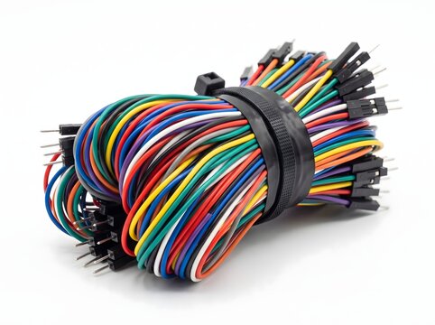Bundled jumper wires with male pin connectors for breadboard prototyping.