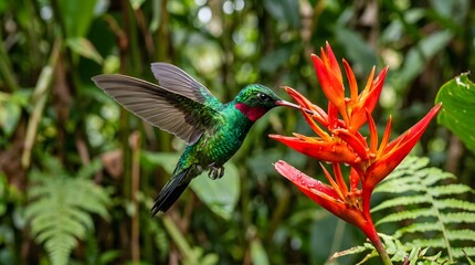 Fototapeta premium Vibrant green hummingbird hovering mid air while feeding on bright red heliconia flower petals in lush rainforest surroundings