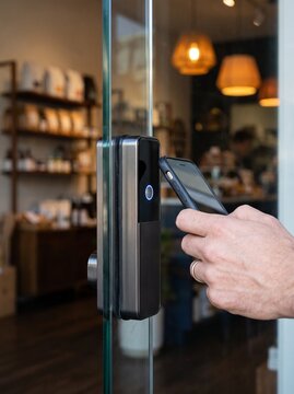 Hand unlocking a smart glass door lock with a smartphone at a shop