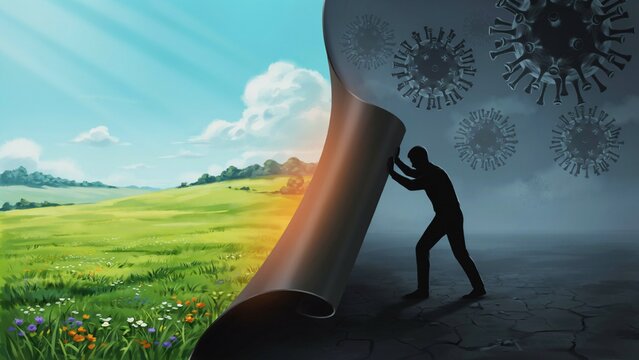 Silhouette of a person peeling back a dark layer to reveal a sunny landscape