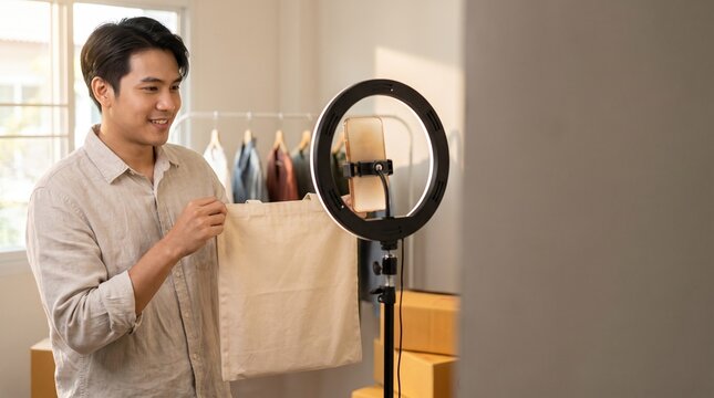 Man showing a tote bag during live streaming with ring light and phone