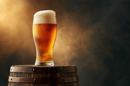Beer glass with foam on wooden barrel against smoky amber background, Oktoberfest product shot