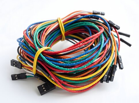 Bundle of colorful jumper wires tied with yellow cable on white.