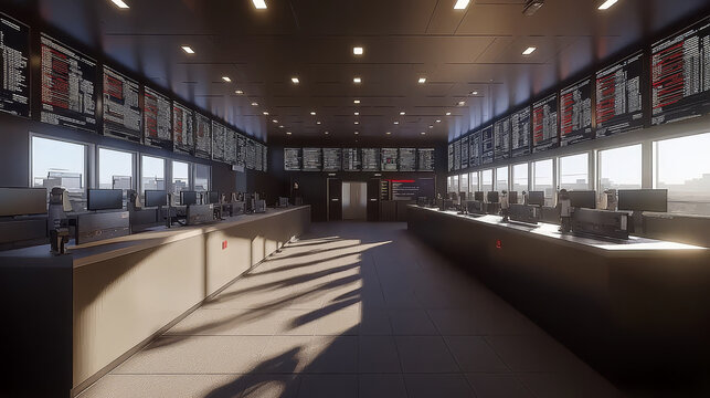 Modern surveillance room with multiple computer workstation, large digital display screen, bright lighting, high security, advanced technology, and organized workspace