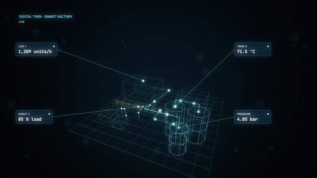 Cyan hologram smart factory digital twin with live IoT sensor cards, seamless loop