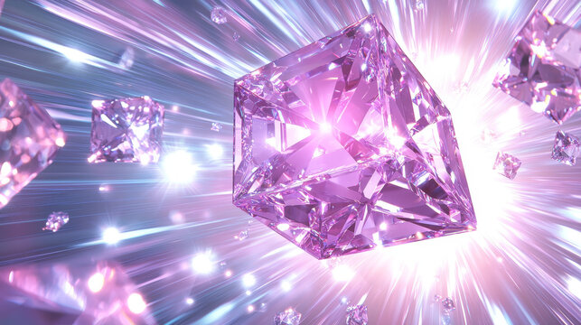 Hyper realistic pink crystal hypercube structure floating in radiant light, sparkling reflections and glowing energy, futuristic and vibrant atmosphere, digital art fantasy
