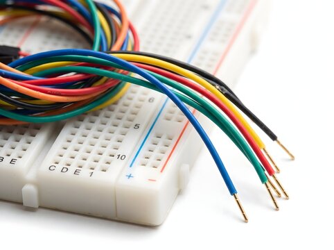Close up of jumper wire pins connecting to electronic breadboard unit.