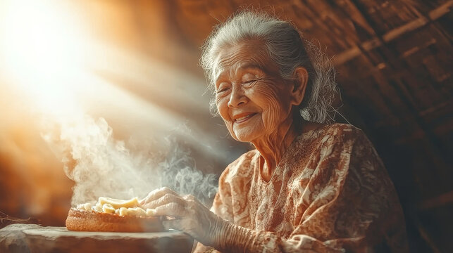 Elderly woman traditional clothing preparing food warm sunlight joyful expression rustic kitchen steam rising homemade cake serene atmosphere Asian ethnicity. Elderly woman traditional clothing