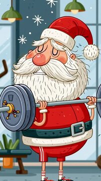 Cute cartoon tired Santa Claus with a barbell in the gym animation