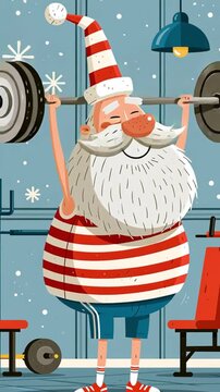 Cute cartoon tired Santa Claus with a barbell in the gym animation