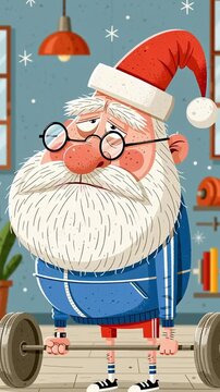 Cute cartoon tired Santa Claus with a barbell in the gym animation