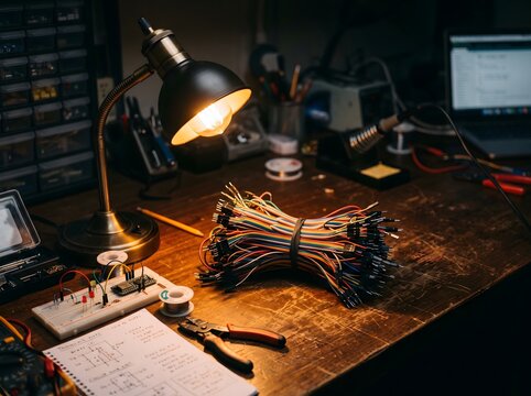 Rainbow jumper wire bundle on wooden electronics assembly workbench desk.