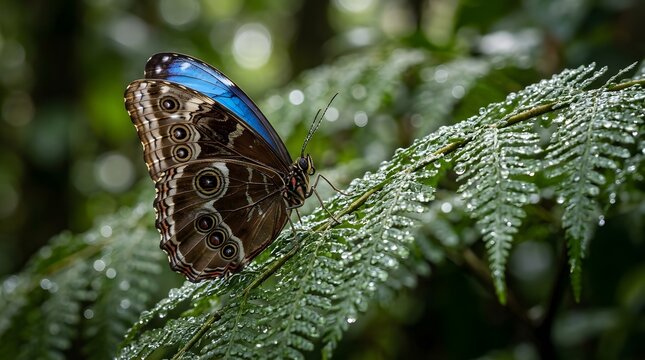 Blue morpho butterfly resting delicately upon wet green fern fronds covered in morning dew drops within tropical rainforest