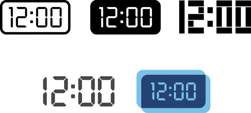 Digital clock displays showing 12 00 and 13 00 in various styles for timekeeping applications.