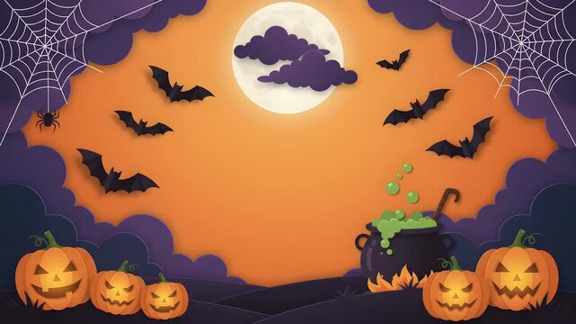 Happy Halloween banner or party invitation background with clouds, bats and pumpkins in paper cut style. Paper style illustration. Full moon in orange sky, spiders web 4k video resolution