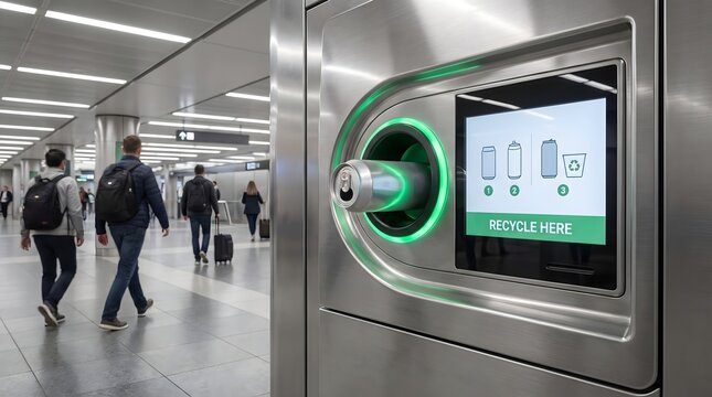 Reverse vending machine accepting aluminum can for deposit refund, smart city waste collection and circular recycling automation