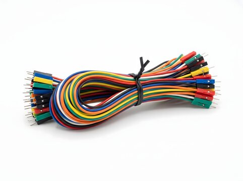 Colorful male to male ribbon jumper wire bundle with twist tie band.