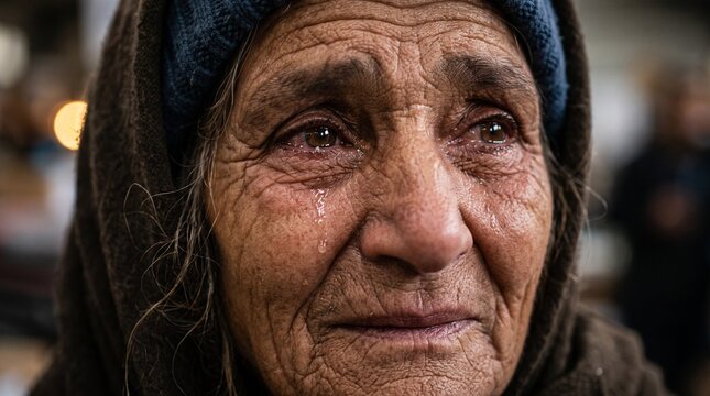Close-up of elderly woman with deeply wrinkled face crying tears of emotion wearing a brown hooded coat and blue beanie, concept of gratitude, humanitarian aid and warm clothing donation