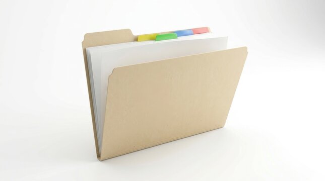 Manila file folder with colorful index tabs containing documents on