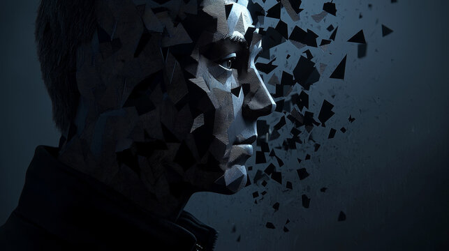 Hyper realistic low poly humanoid face dissolving into geometric fragments, dark moody lighting, emotional expression, digital art, surreal concept
