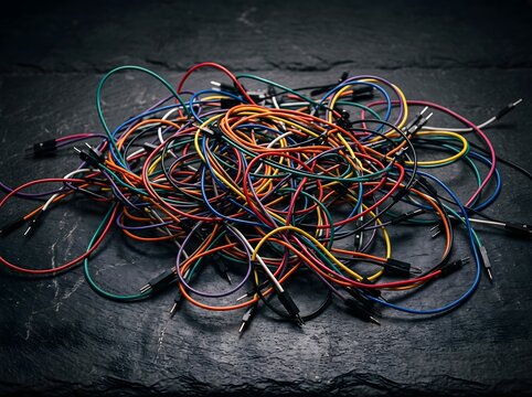 Tangled pile of colorful breadboard jumper wires on dark stone surface.