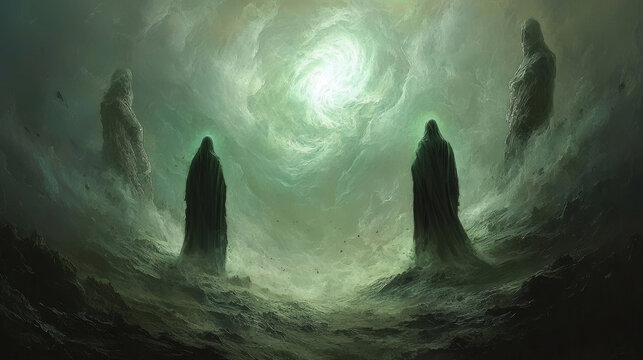 Mysterious hooded figure fantasy landscape ethereal light misty atmosphere dramatic surreal magical dark fantasy mystical Hooded figures stand surreal misty fantasy landscape with ethereal light