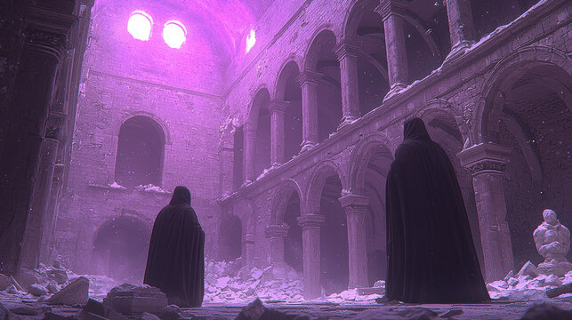 Two mysterious hooded figures stand in ruined ancient cathedral, illuminated by ethereal purple light, surrounded by stone arches, dust, and statues, evoking magical, dramatic atmosphere