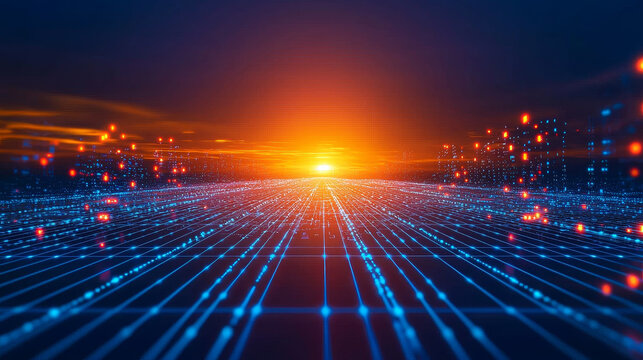 Futuristic digital landscape with glowing grid, vibrant orange sunset, blue neon lights, and abstract cityscape, evoking matrix style environment and advanced technology