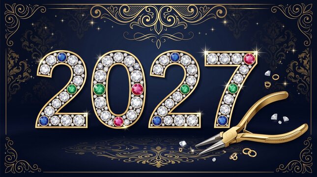 2027 year digits made of diamonds and gemstones with gold jewelry pliers