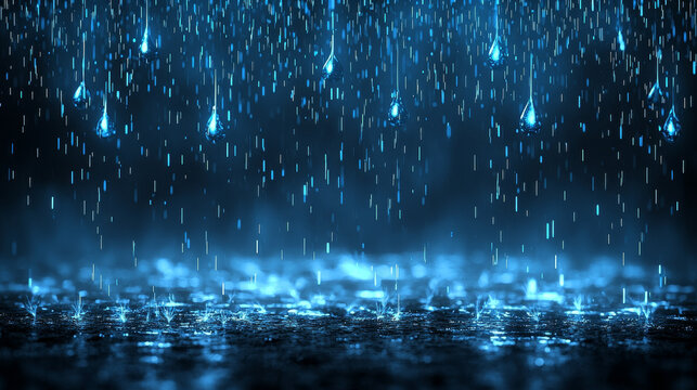 Blue rain water drop wet reflection splash dark night glowing abstract environment create dramatic and moody atmosphere with hyper realistic matrix style environment