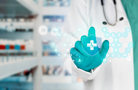 Doctor using a digital platform to register health insurance; innovation in medical insurance processing and faster, more efficient healthcare. Isolated with copy space.