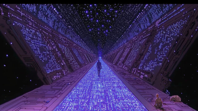 Futuristic corridor digital pathway glowing purple lights matrix style sci fi environment hyper realistic cyberpunk starry ceiling immersive technology inspired mysterious mood