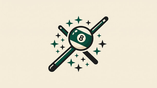 Stylized illustration of crossed pool cues and the 8-ball surrounded by sparkling stars.