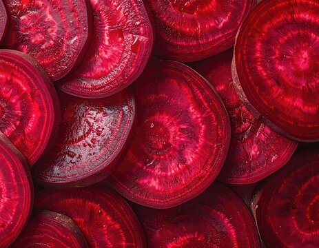 Vibrant crimson beet slices revealing concentric rings and texture