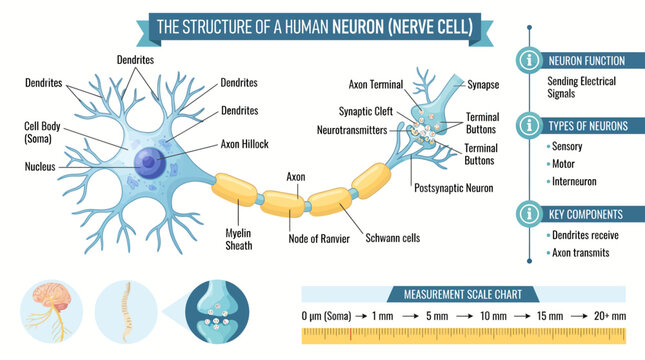 Biological illustration of a human nerve cell showing axon dendrite and synaptic connections for medical education and scientific study