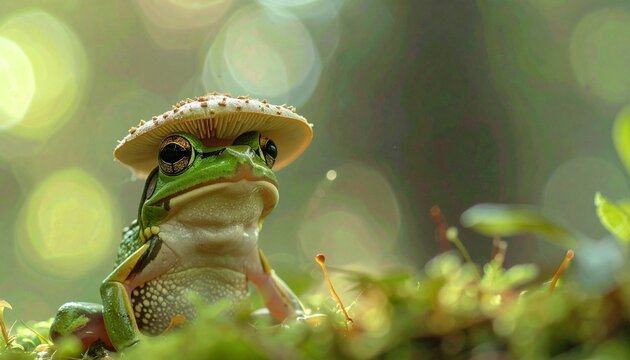 Cute frog wearing a mushroom hat, forest fantasy vibe, soft lighting, dreamy and whimsica