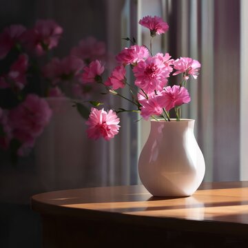 Flowers in a Vase on a Wooden Table Near a Window With Sunlight