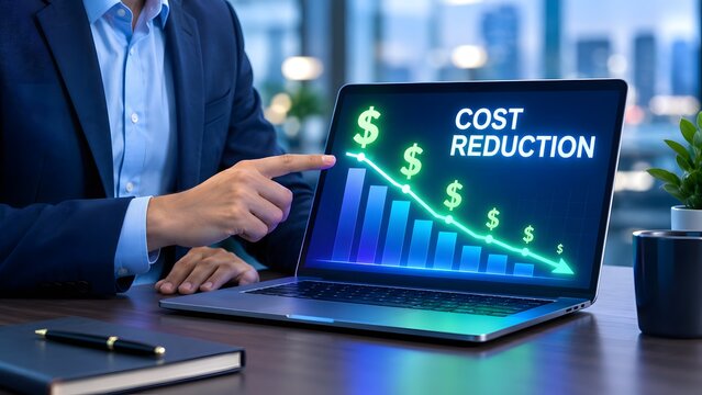 Strategic cost reduction analysis presented on a laptop screen illustrating financial efficiency and business optimization for successful outcomes and growth