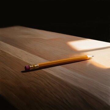 Pencil Lying on Wooden Table With Sunlight Shining on It