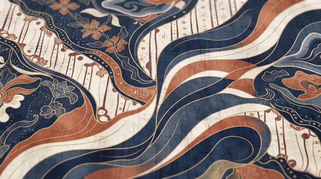 Abstract Indonesian Batik Pattern with Flowing Waves and Floral Motifs