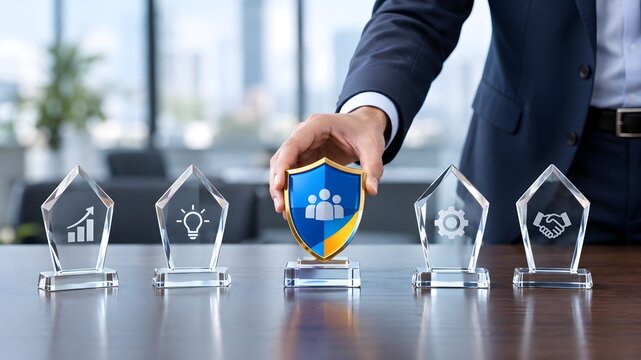 A business professional carefully selects a vibrant award from a row of crystal trophies symbolizing success achievement and recognition in a modern