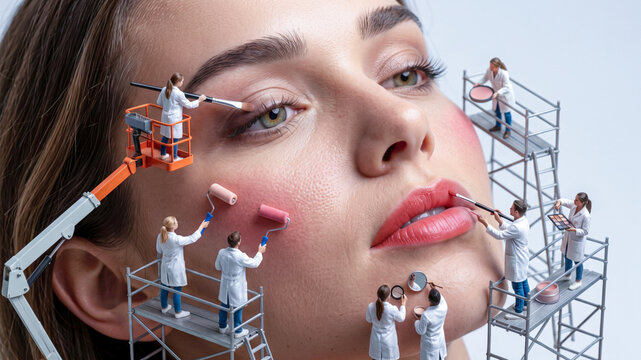 conceptual beauty portrait featuring tiny makeup artists working on a flawless female model