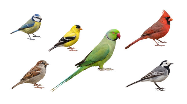 Colorful wild birds set isolated on white background, songbird species collection including cardinal parrot blue tit goldfinch for nature design