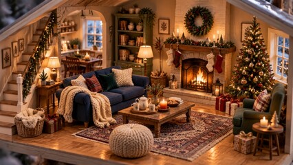 Fototapeta premium Cozy Home Interior With Christmas Decorations and a Fireplace Glowing at Night