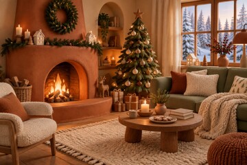 Fototapeta premium Cozy Sitting Area With Fireplace and Christmas Tree During Winter Season